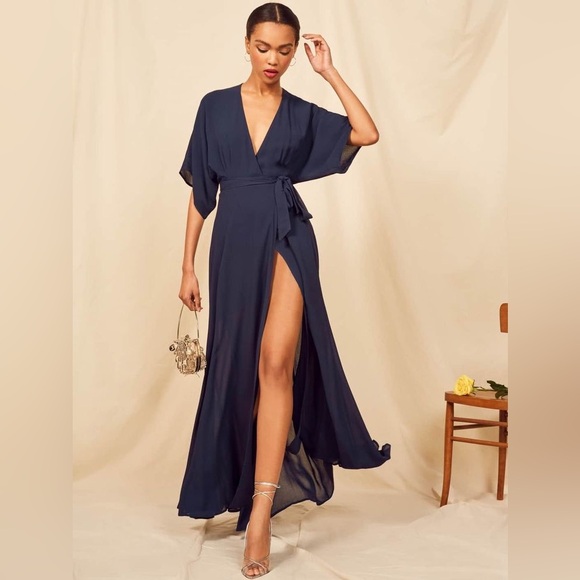 NWT Reformation Winslow Navy Blue Winslow Maxi Kimono Wrap Dress - Picture 4 of 13